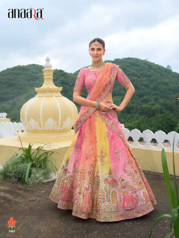 Shaded Multi Color Peach and Yellow Beautiful Traditional Designer Elegant Embroidery Work Cut Work Silk Lehenga - 7401